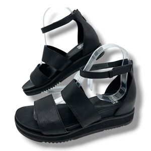 Eileen Fisher Womens Black KenLeather Platform Wedge Ankle Strap Sandals Sz 8.5